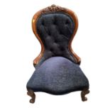 Victorian spoon back nursing chair with buttoned blue upholstery