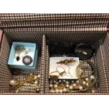 Brown leather jewellery box containing gold, wristwatches and other costume jewellery