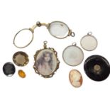 Group of glazed lockets, unmounted carved cameo shell, intaglios and pair of lorgnettes