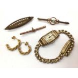 Victorian 15ct gold and seed pearl brooch, 9ct gold bar brooch, 9ct gold T-bar, pair of yellow metal
