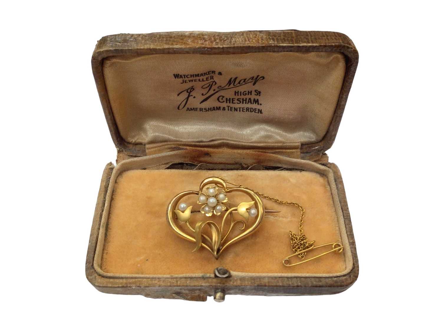 Edwardian 15ct gold and seed pearl floral brooch in box