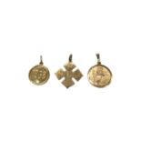 9ct gold St. Christopher pendant, cross shaped pendant stamped 14K and a 1968 disc pendant stamped K