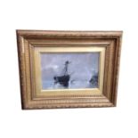 Oil on board - An old ship ashore low water by moonlight, signed verso, in glazed gilt frame