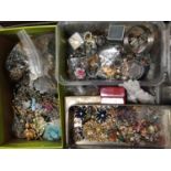 Quantity of vintage costume jewellery, wristwatches, empty jewellery boxes, silver plated tray and b