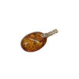 14ct gold mounted amber drop pendant set with synthetic white stones, 5cm long