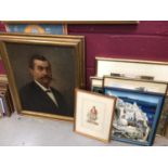 Group of pictures and prints including a hand colouring portrait of a gentleman, landscape scenes et