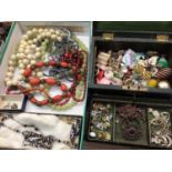 Victorian jewellery box containing costume jewellery, various bead necklaces and bijouterie