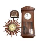 Anstey Wilson wooden starburst wall clock, Smiths mantle clock and a regulator wall clock (3)