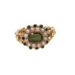 Georgian gold ring with central green stone and seed pearls