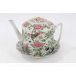 19th century Chinese Canton porcelain teapot and dish, with polychrome painted exotic birds, butterf