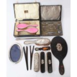 Selection of dressing table items, including a five piece tortoiseshell brush mirror etc