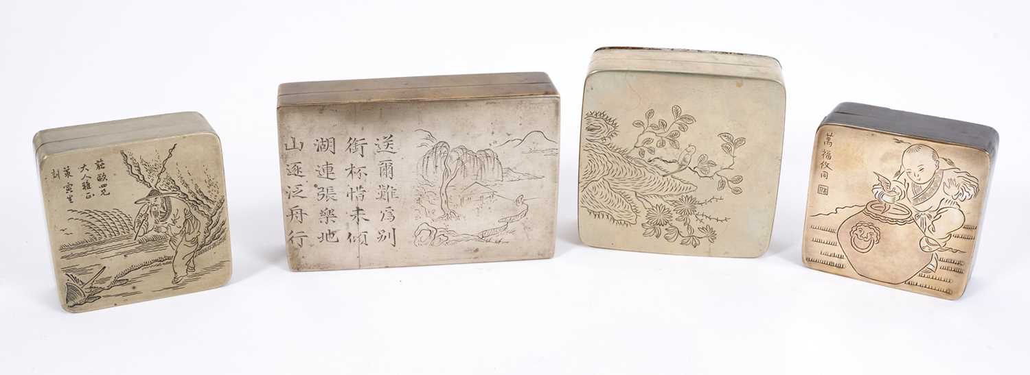 Chinese paktong ink box, finely engraved with imagined landscape and script, 11.5cm wide, together w