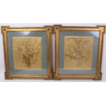 Pair of Regency silk work embroidery panels, each floral garland on gold silk ground within glazed k