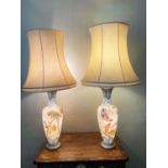 Pair of 19th century painted bohemian milk glass vases, presented as lamps, painted with exotic bird