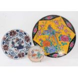 18th century Chinese Imari plate and Mandarin saucer, together with a Japanese polychrome dish (3)