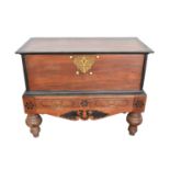 18th century colonial hardwood and ebonised chest on stand, with hinged top and ornate pierced brass