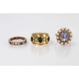 Blue stone and cultured pearl cluster ring together with two 9ct gold and gem-set dress rings (3)