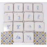 Collection of fourteen Dutch blue and white tiles and two others