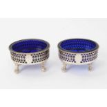 Pair George III silver salts of oval form with diaperwork decoration and ropework borders,