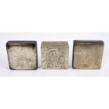 Chinese paktong ink box, engraved with two figures in an interior, 9cm wide, together with two furth
