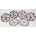 Six Chinese famille rose export plates, Yongzheng and Qianlong, including two pairs decorated with f