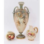 Small Royal Worcester vase painted with fruit, signed, 7cm high, together with a Royal Worcester blu