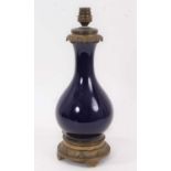 19th century French cobalt blue glazed porcelain lamp with brass mounts