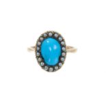 Victorian turquoise and seed pearl oval cluster ring in gold setting with pierced gallery on gold sh