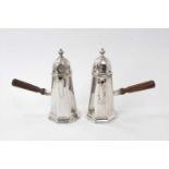 Pair Edwardian silver café au lait pots of octagonal form, with hinged domed covers