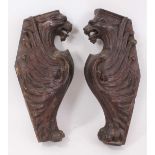 Pair of 19th century carved wooden lion-form corbels