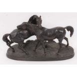After Mene, bronze sculpture of a stallion and a mare, drilled for a lamp fitting, 31cm wide