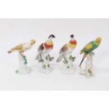 Group of four Continental porcelain birds, including one pair, and another with Sitzendorf mark, the