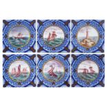 Six Victorian Minton & Hollins tiles, polychrome printed with boats and a lighthouse, within a rope,