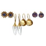 Four pairs of gold and gem-set earrings