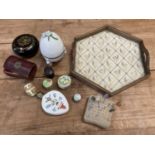 Group of Halcyon Days enamel boxes, Herend porcelain egg and antique jewellery boxes