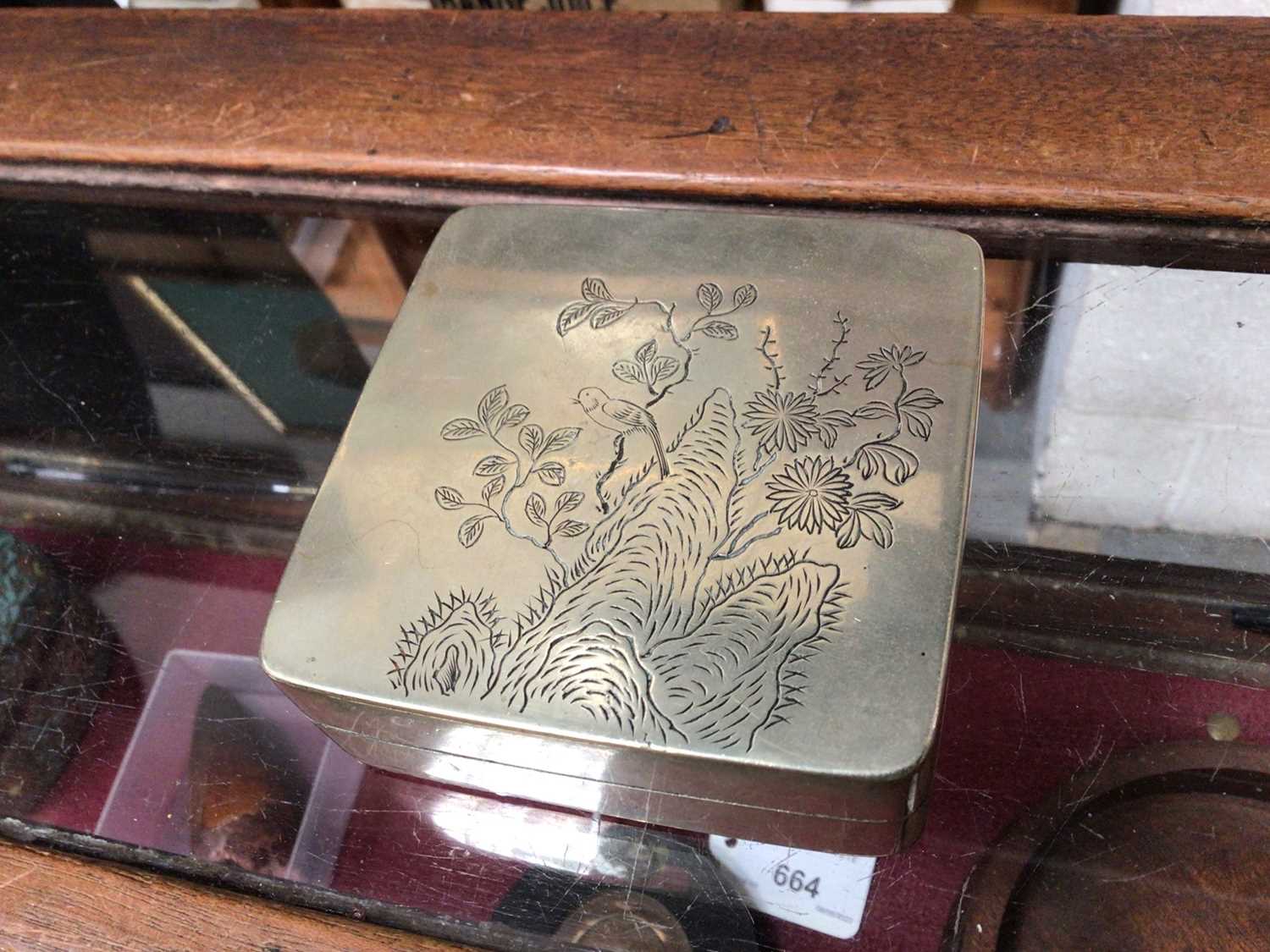 Chinese paktong ink box, finely engraved with imagined landscape and script, 11.5cm wide, together w - Image 8 of 14