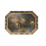 Regency painted toleware tray, of canted rectangular form, painted with scene of a romantic tryst, 5