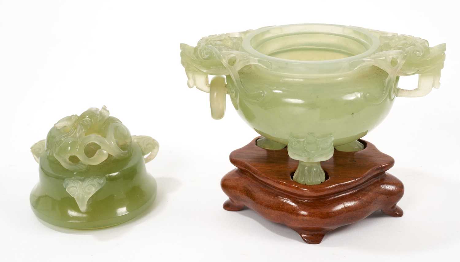 Chinese carved green jade pot and cover on a wooden stand - Image 2 of 3