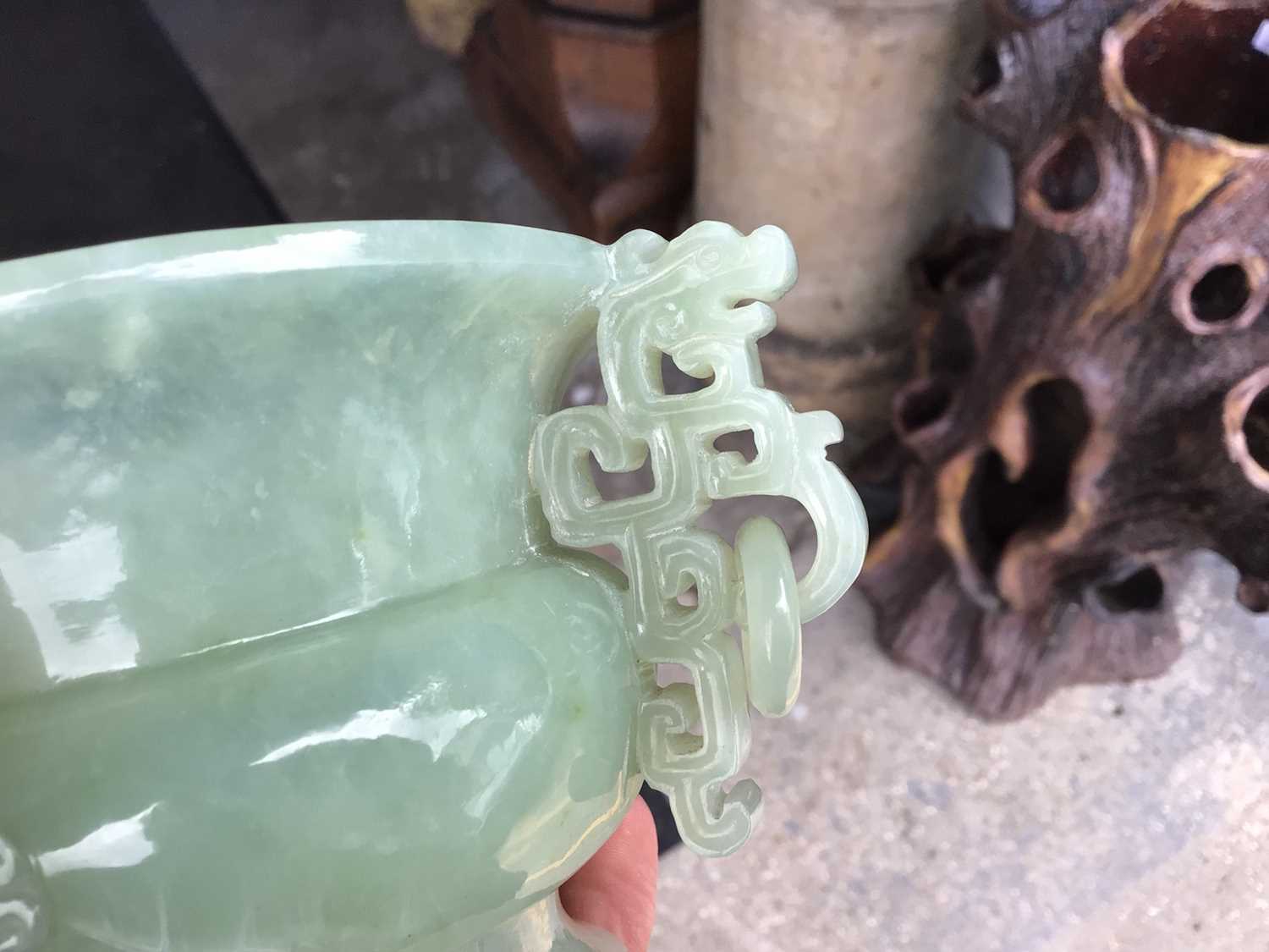 Chinese carved green jade vase on wooden stand - Image 4 of 6