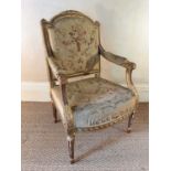 19th century French gilt wood open armchair, with Aubusson tapestry upholstery and leaf and guilloch