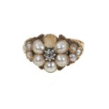 Regency gold diamond and seed pearl flower cluster ring with a central diamond surrounded by split p