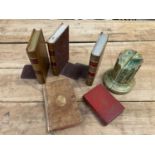 Pair of book form bookends, faux book box, and other book ends