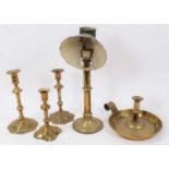 Three brass Queen Anne candlesticks, two others