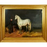 Continental School, 19th century, oil on canvas - An Arab Stallion and Groom in Landscape, indistin