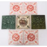 Group of antique tiles, including four Minton & Hollins printed in red with a pineapple pattern, two