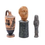 Antique (possibly Ancient Greek) soap stone head of a statesman on stand, similar pottery ewer and a