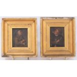 Pair of 18th century small Dutch oil on panel portraits of smoking men, in gilt frames