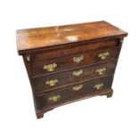 George I walnut bachelor's chest, with rectangular fold over top and three graduated drawers on brac