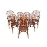 Set of eight 19th century style ash and elm stick back windsor chairs, each with pierced splat and s