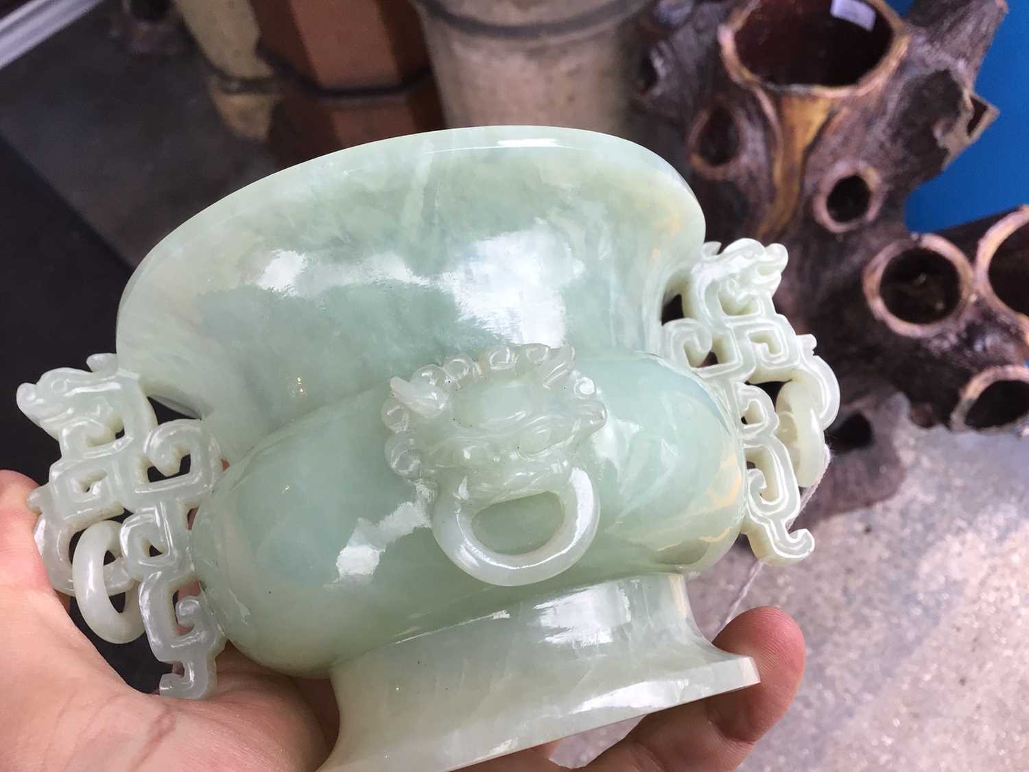 Chinese carved green jade vase on wooden stand - Image 3 of 6